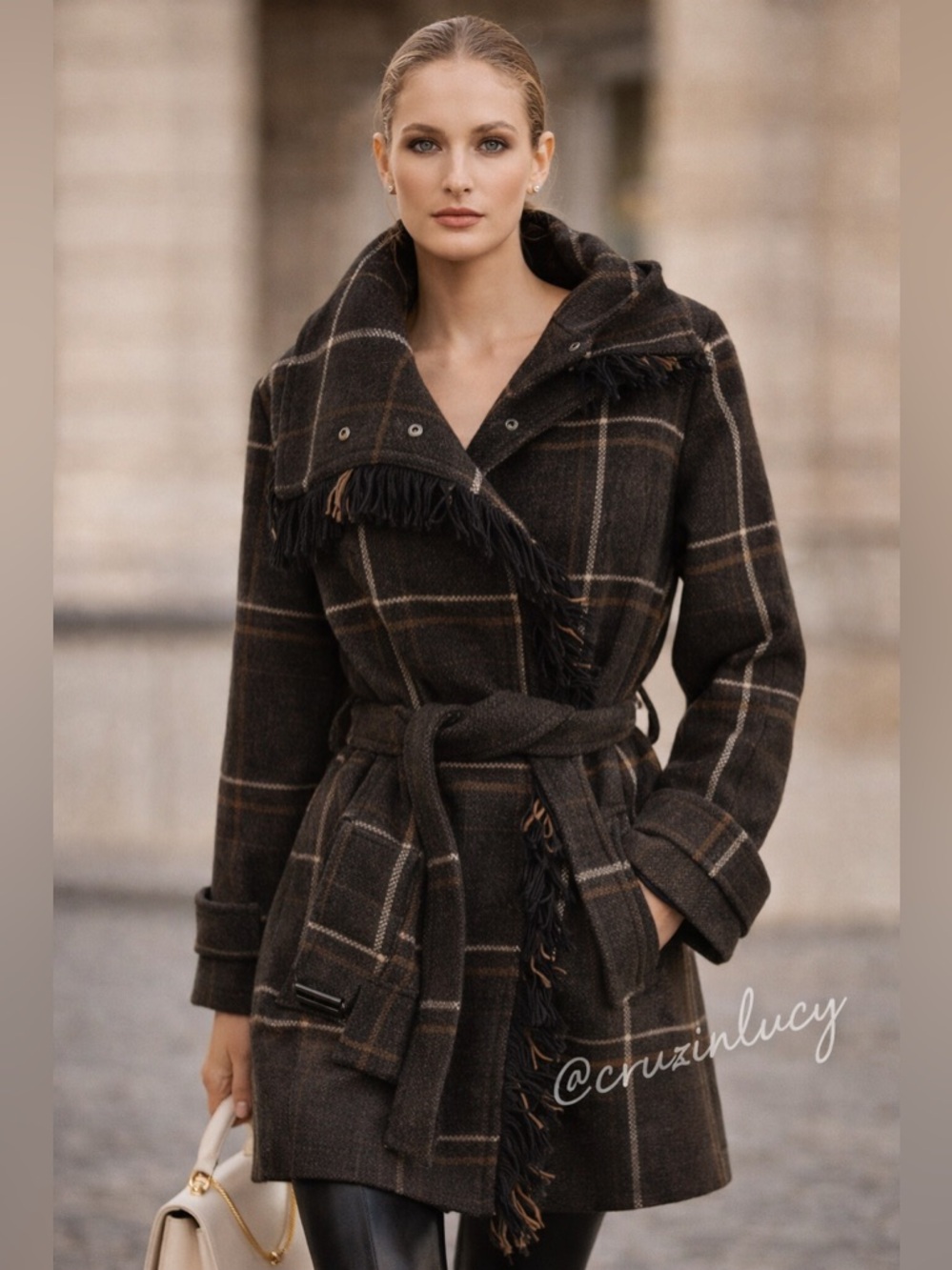 Max Mara Wool Wrap Fringe Coat Belted Tartan Luxury Sz Small